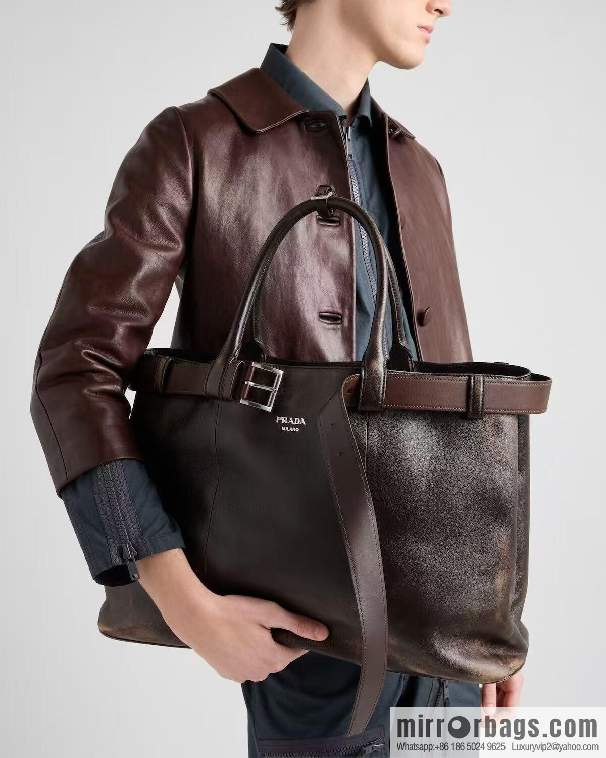 PRADA new men's bag 1BG126 extra large imitation old leather, coffee color