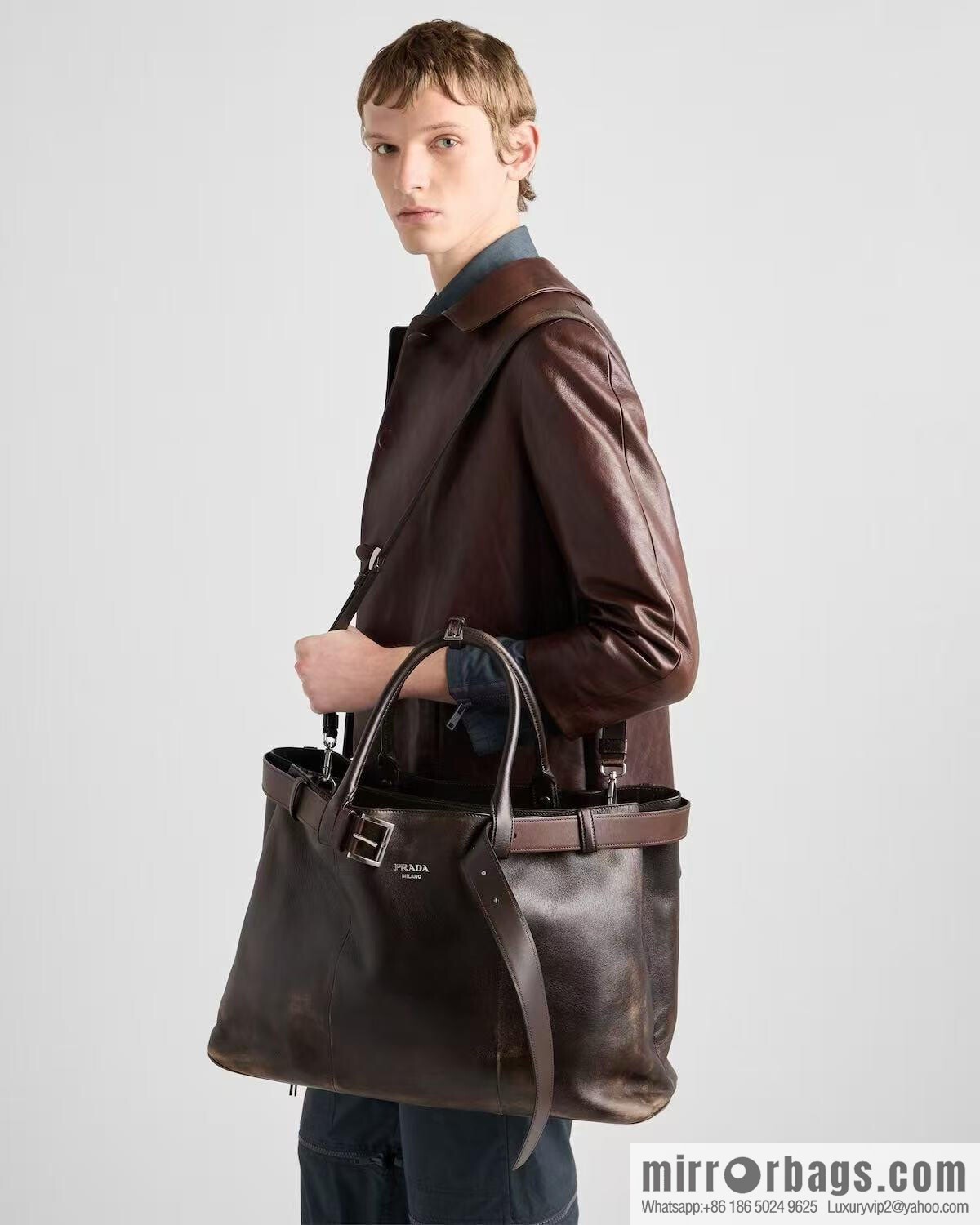 PRADA new men's bag 1BG126 extra large imitation old leather, coffee color