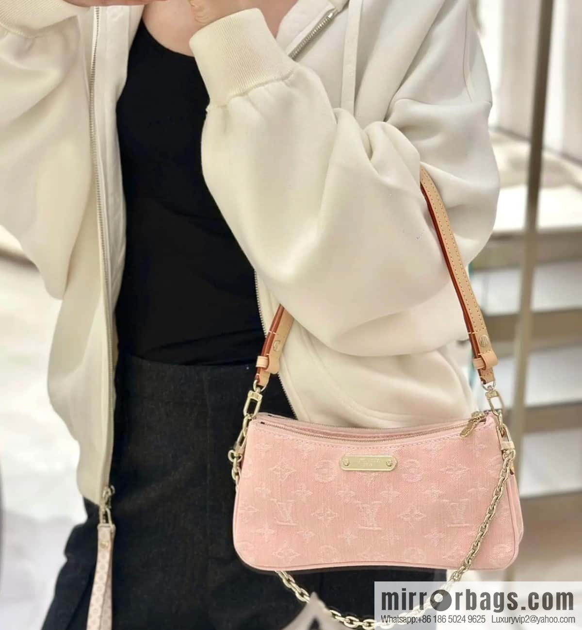 [Boutique‑grade] M14159 pink, denim underarm bag chain bag Liv Pochette handbag