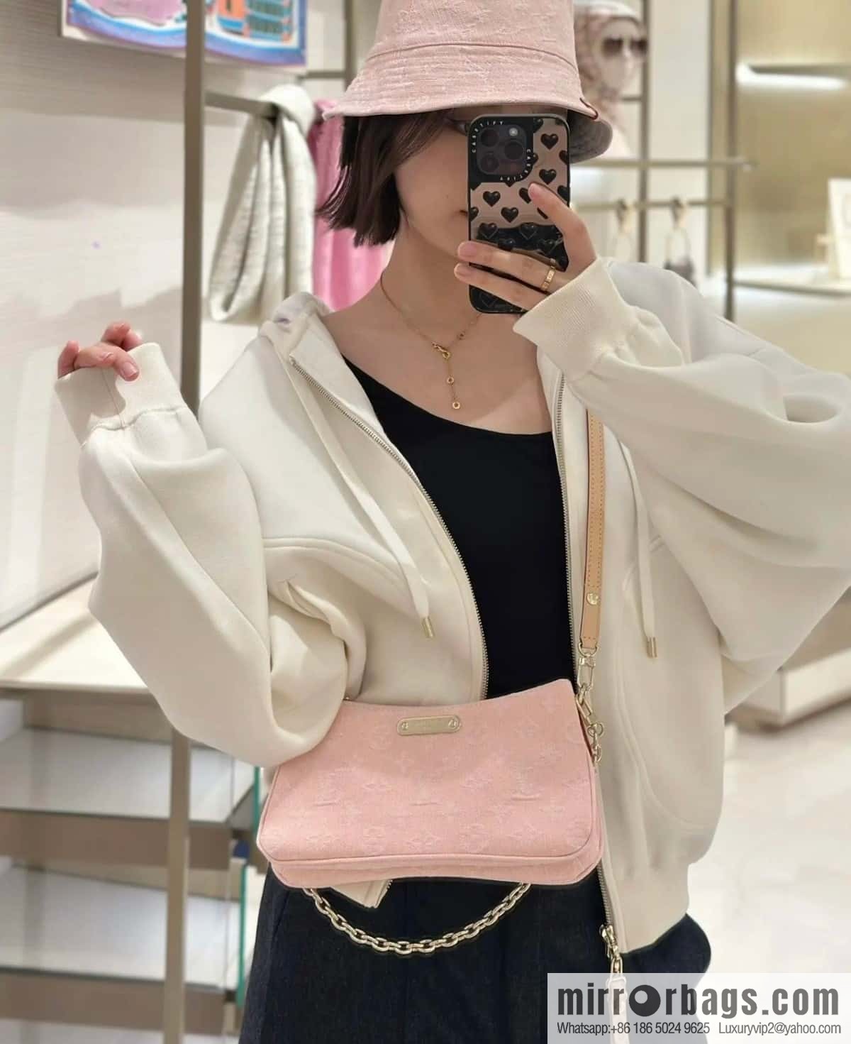 [Boutique‑grade] M14159 pink, denim underarm bag chain bag Liv Pochette handbag
