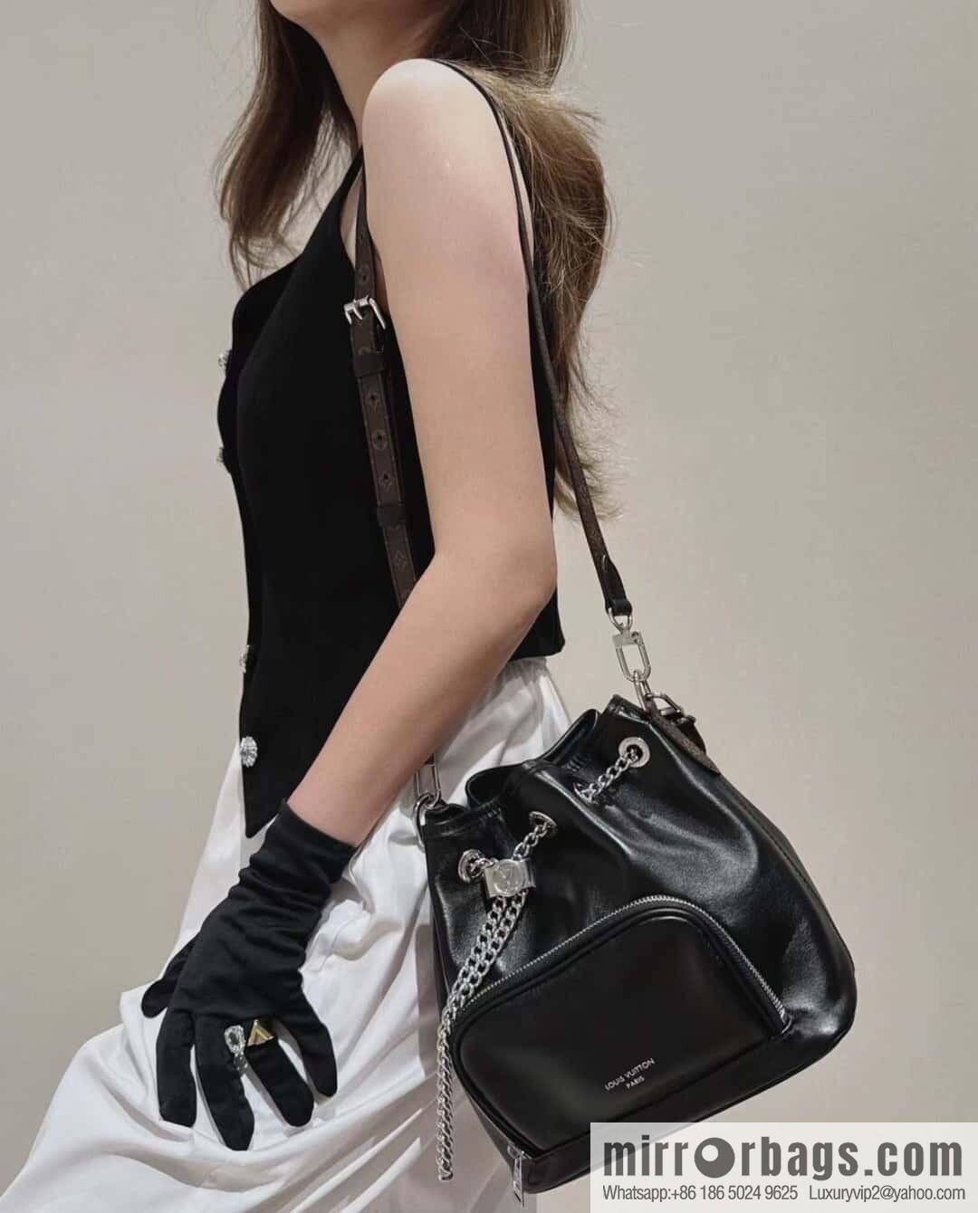 [Boutique‑grade] M14377 black, full leather bucket bag NO WAY VIBE handbag
