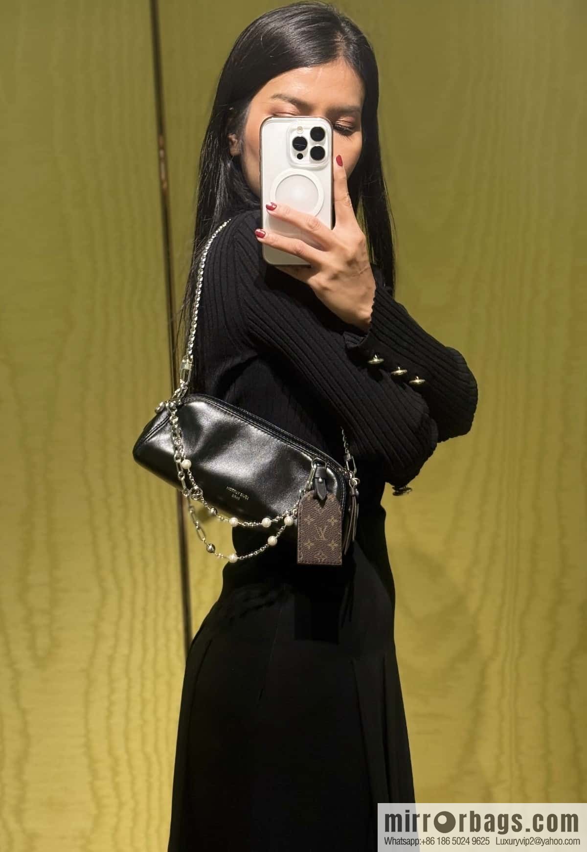 [Boutique‑grade] M14544 black, full leather chain bag POCHETTE VIBE handbag