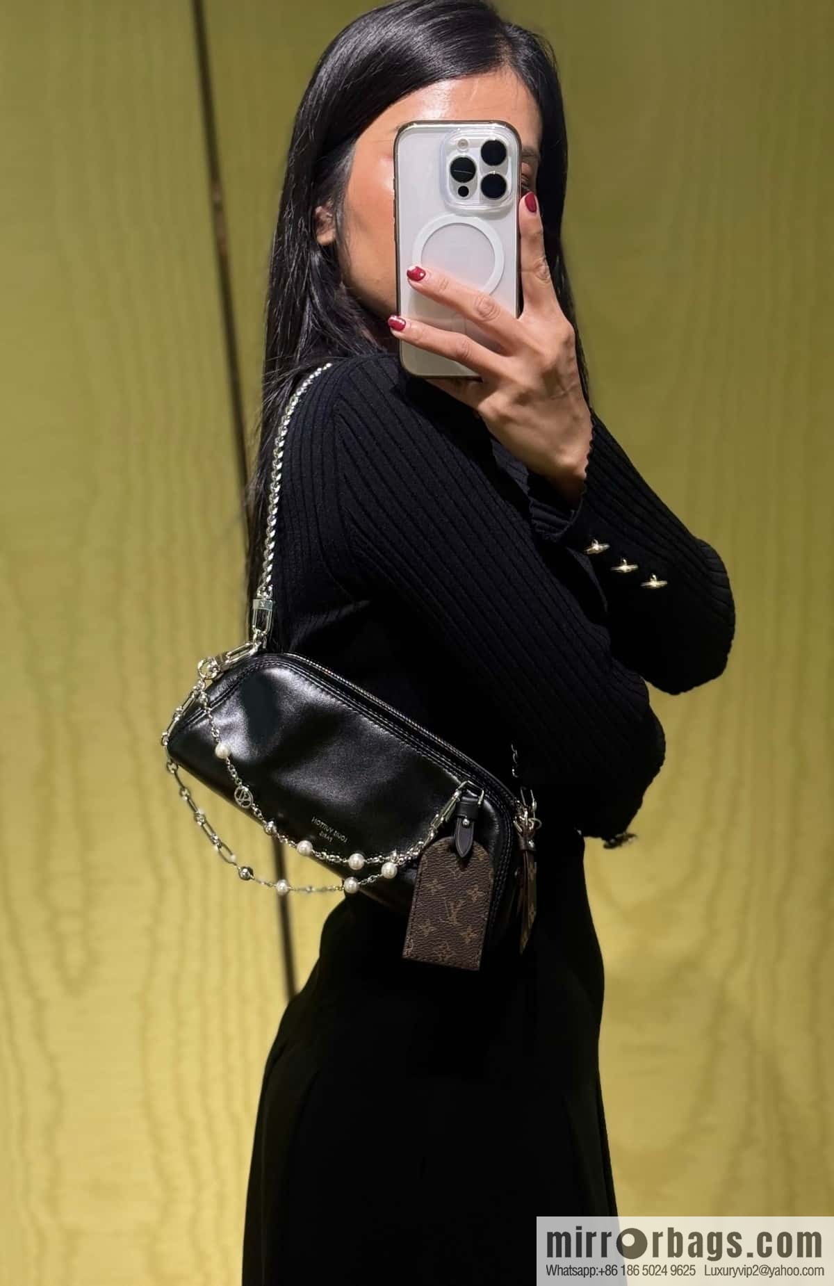 [Boutique‑grade] M14544 black, full leather chain bag POCHETTE VIBE handbag