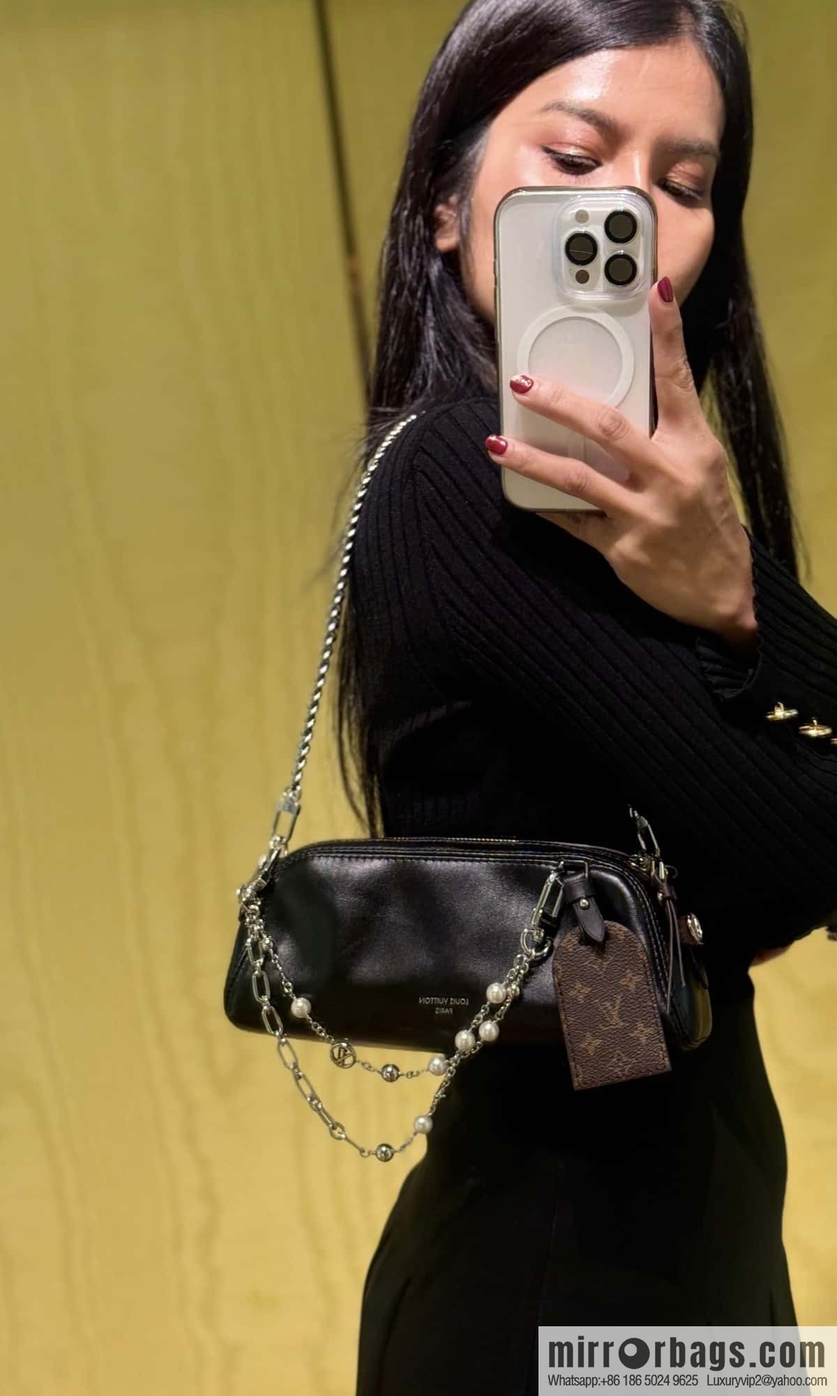 [Boutique‑grade] M14544 black, full leather chain bag POCHETTE VIBE handbag