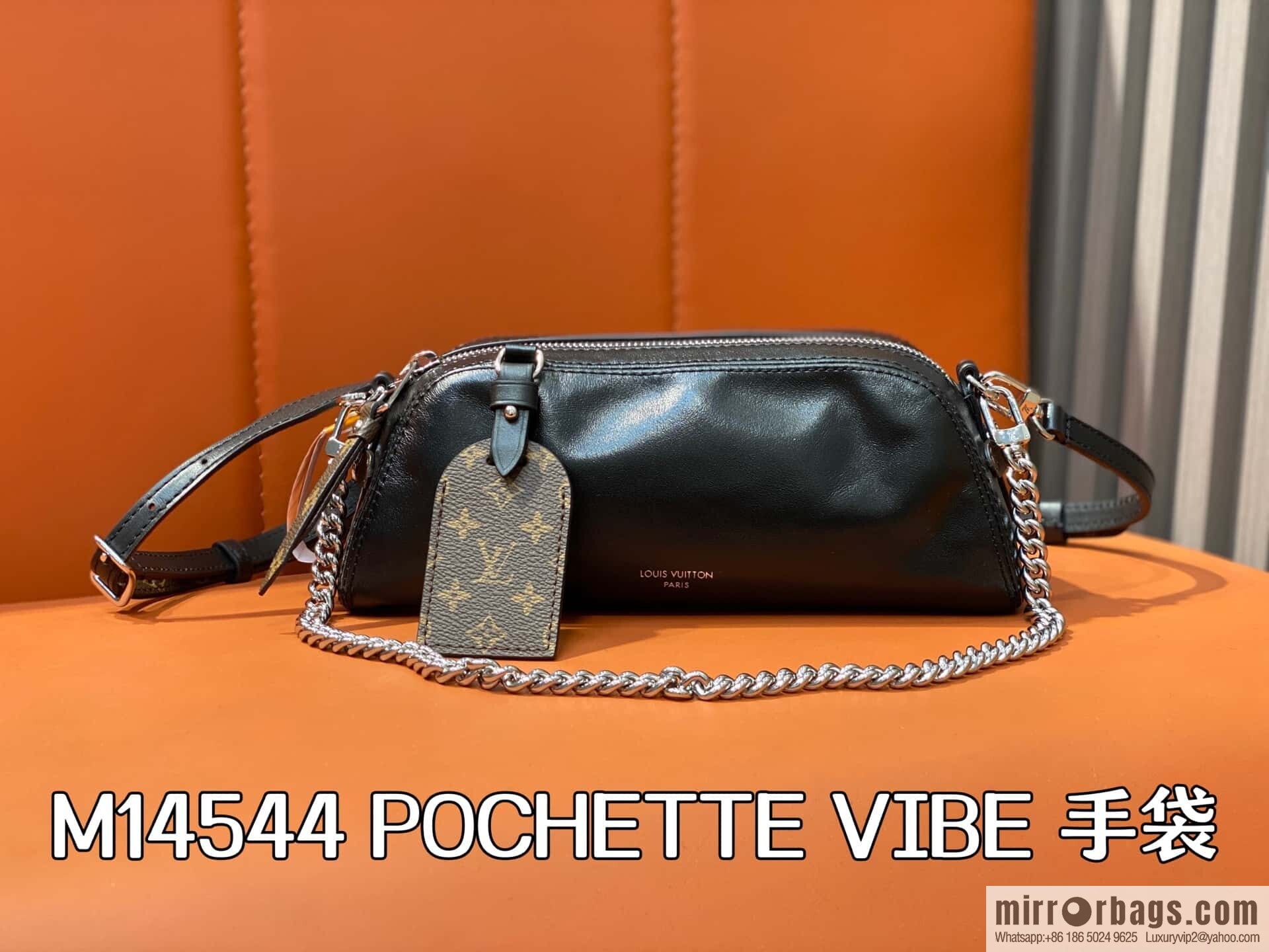 [Boutique‑grade] M14544 black, full leather chain bag POCHETTE VIBE handbag