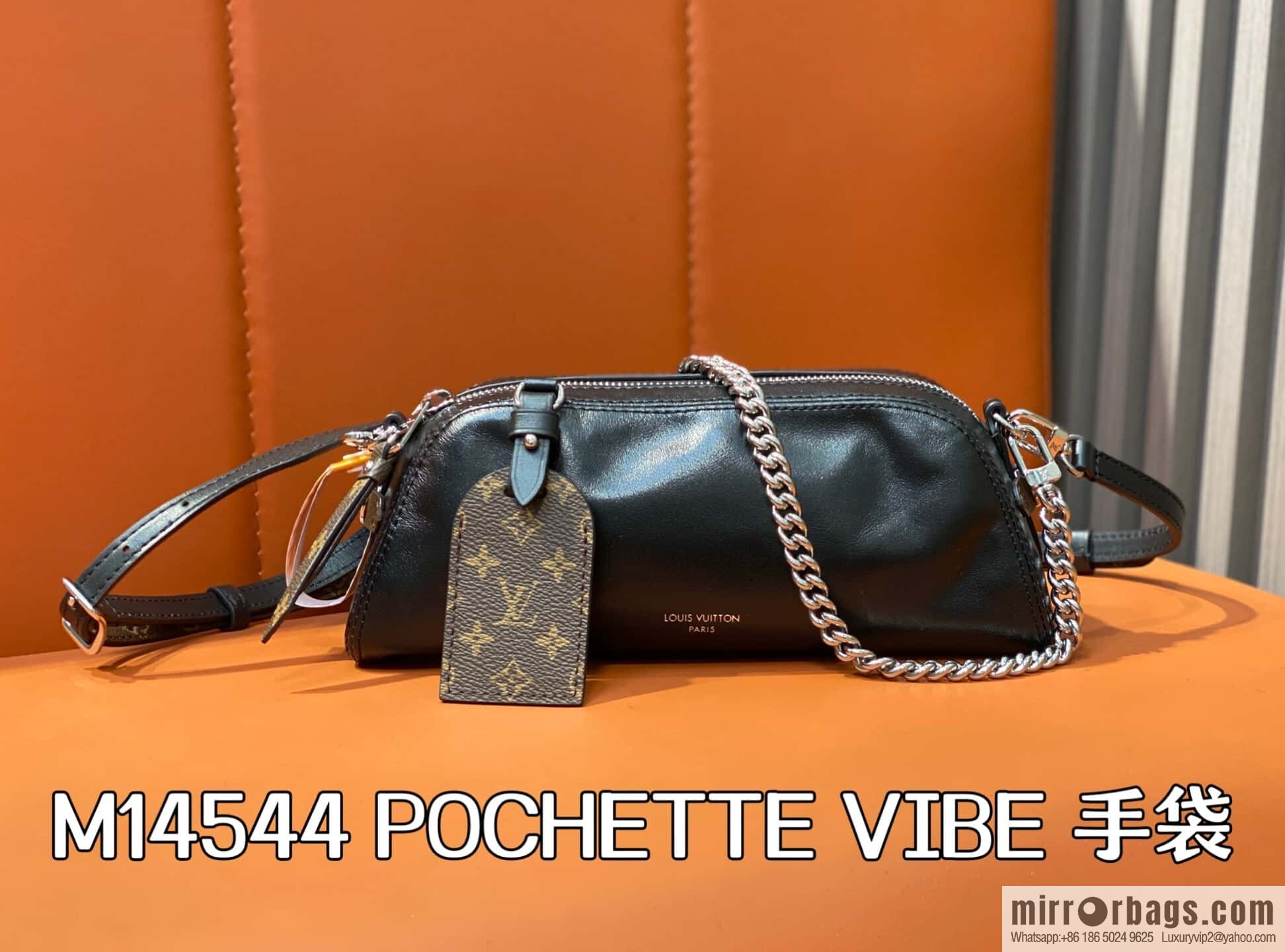[Boutique‑grade] M14544 black, full leather chain bag POCHETTE VIBE handbag