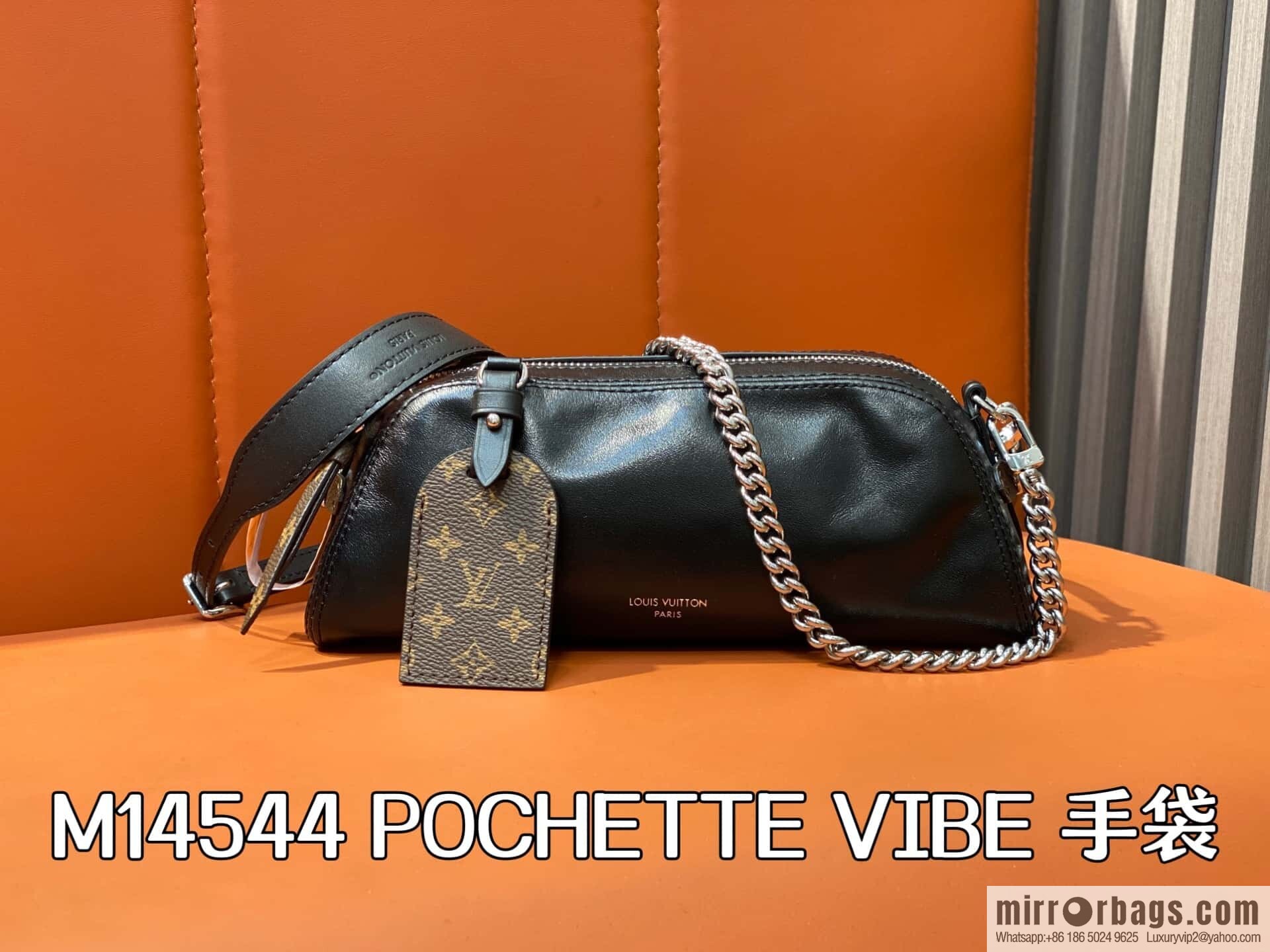 [Boutique‑grade] M14544 black, full leather chain bag POCHETTE VIBE handbag