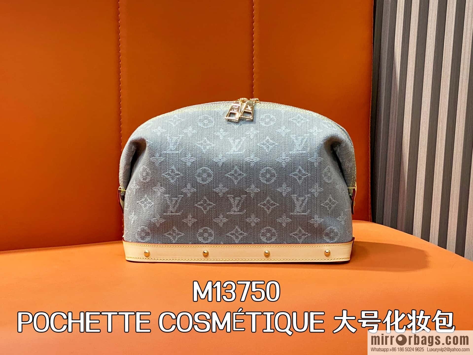 [Boutique‑grade] M13750 gray, denim cosmetic bag POCHETTE COSMÉTIQUE large cosmetic bag