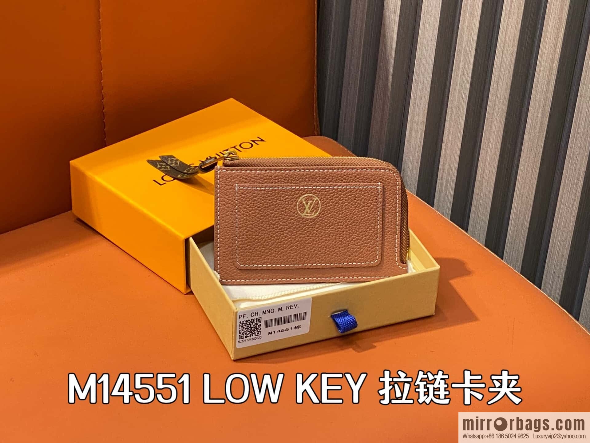 [Boutique‑grade] M14551 brown, full leather card bag change bag, new LOW KEY zipper card clip M14550 black