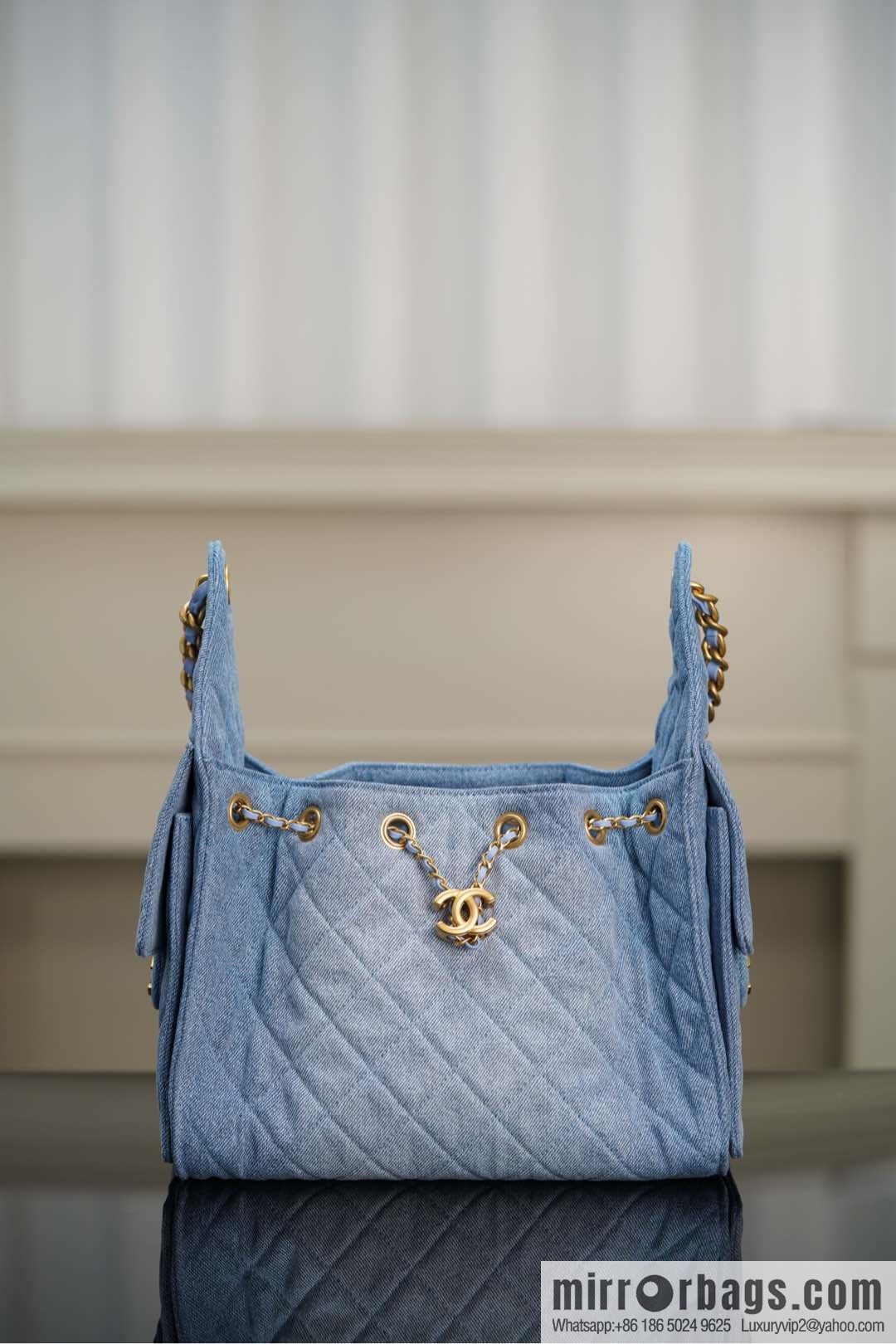 𝐂𝐡𝐚𝐧𝐞𝐥 𝟐𝟓𝐬 𝐬𝐦𝐚𝐥𝐥 𝐡𝐨𝐛𝐨 Drawstring Bucket Bag, Denim Blue 💙 Small AS5293