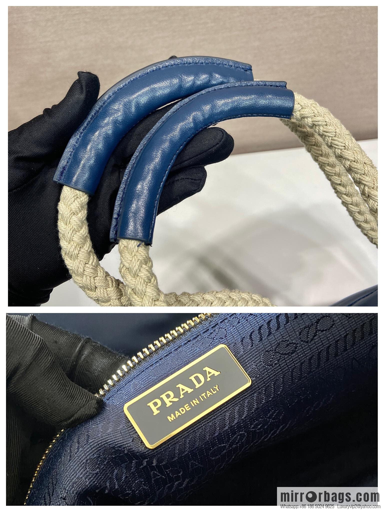 Prada's new bucket bag 1BE082 catwalk model, blue.