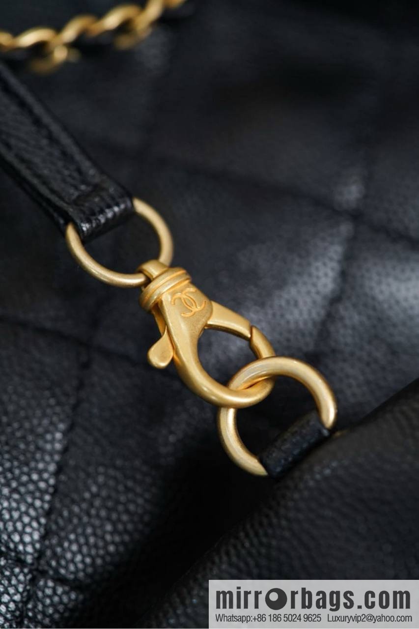 𝐂𝐡𝐚𝐧𝐞𝐥 𝟐𝟓𝐬 𝐡𝐨𝐛𝐨 𝐛𝐚𝐠 Drawstring Bucket Bag, Black Gold Caviar, Large ✔️ AS5311