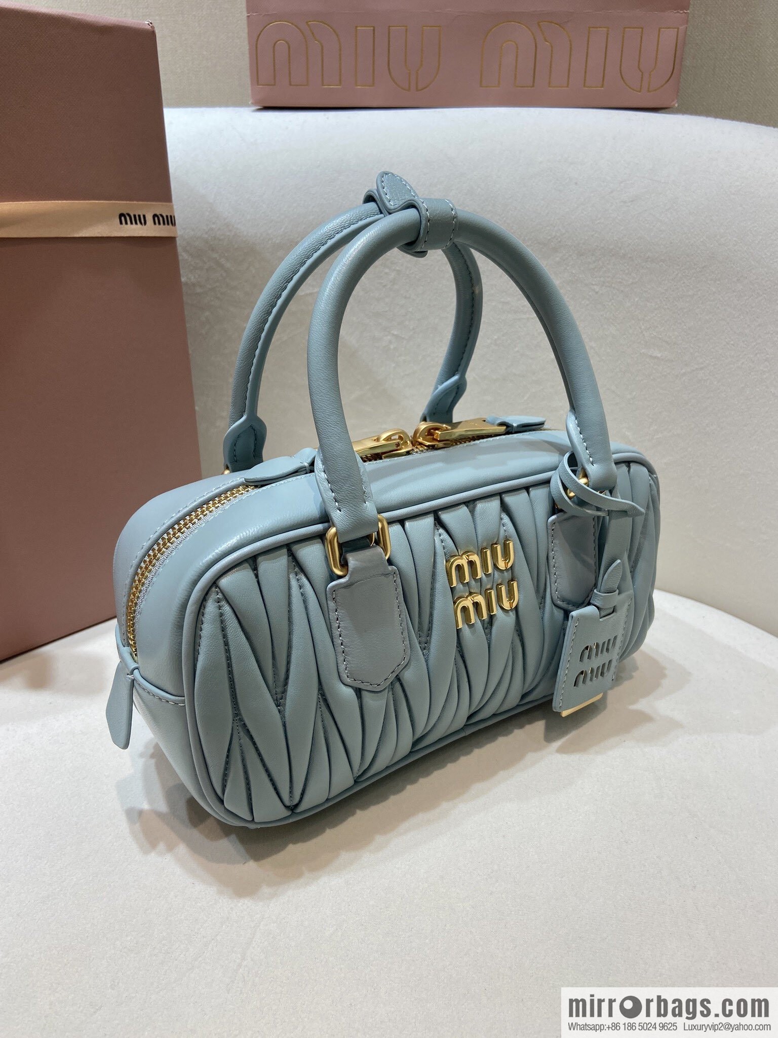 MIUMIU Sheepskin Textured Retro Rectangle Bag | Leather Bowling Bag 5BB142 Haze Blue