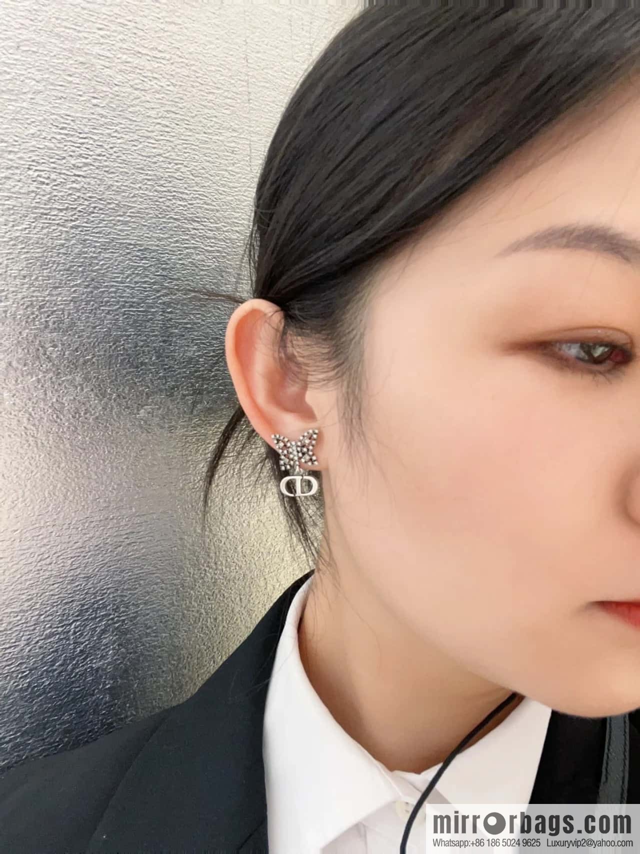 New ☑️ Dior full diamond butterfly pearl CD stud earrings