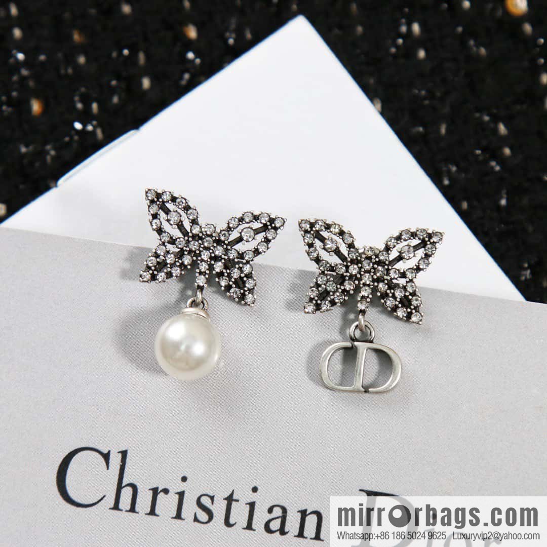 New ☑️ Dior full diamond butterfly pearl CD stud earrings