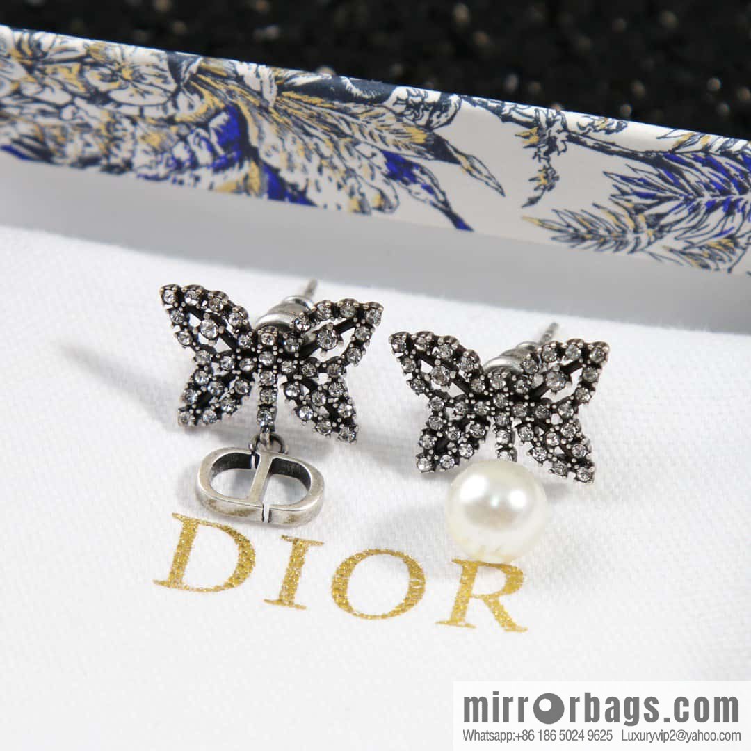 New ☑️ Dior full diamond butterfly pearl CD stud earrings
