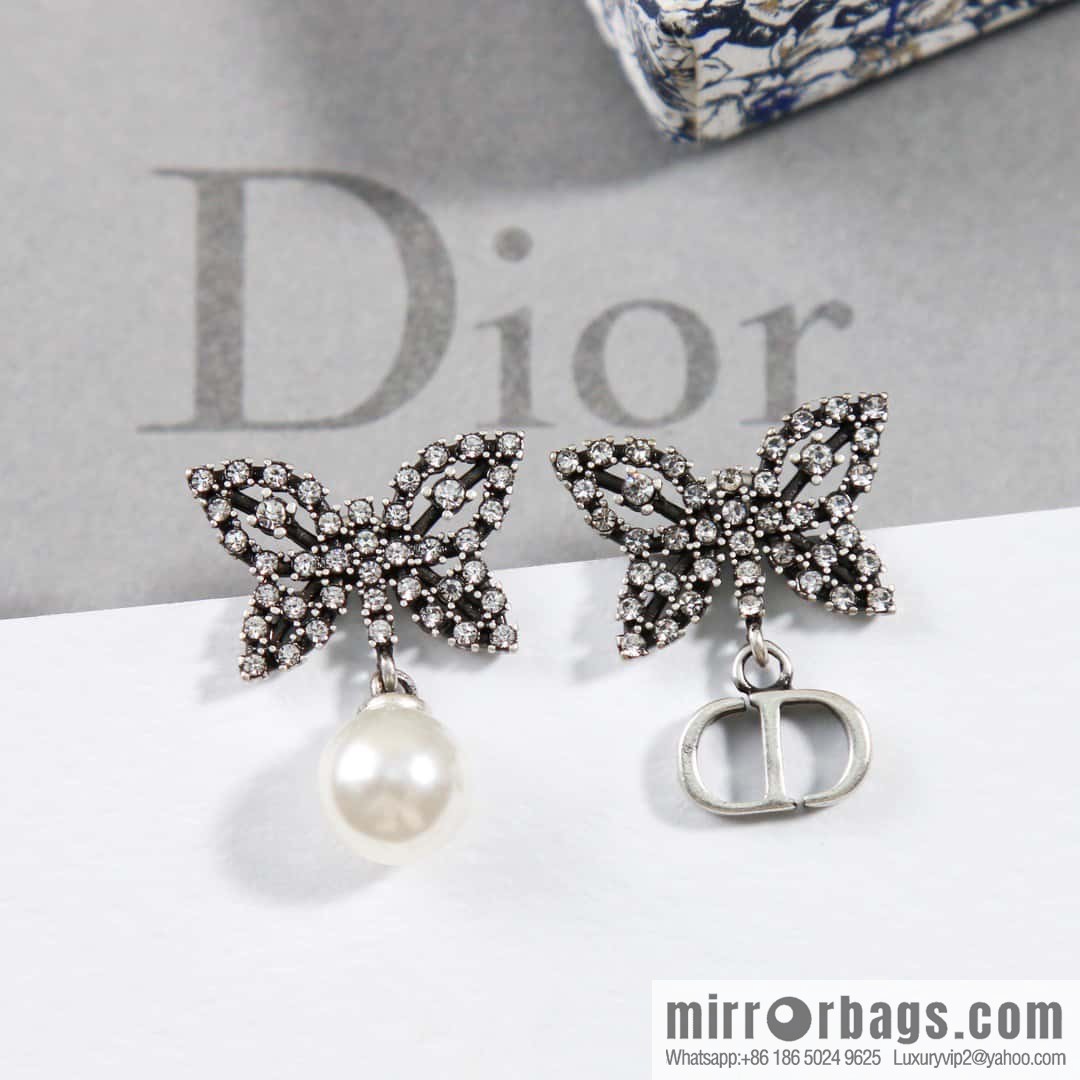 New ☑️ Dior full diamond butterfly pearl CD stud earrings