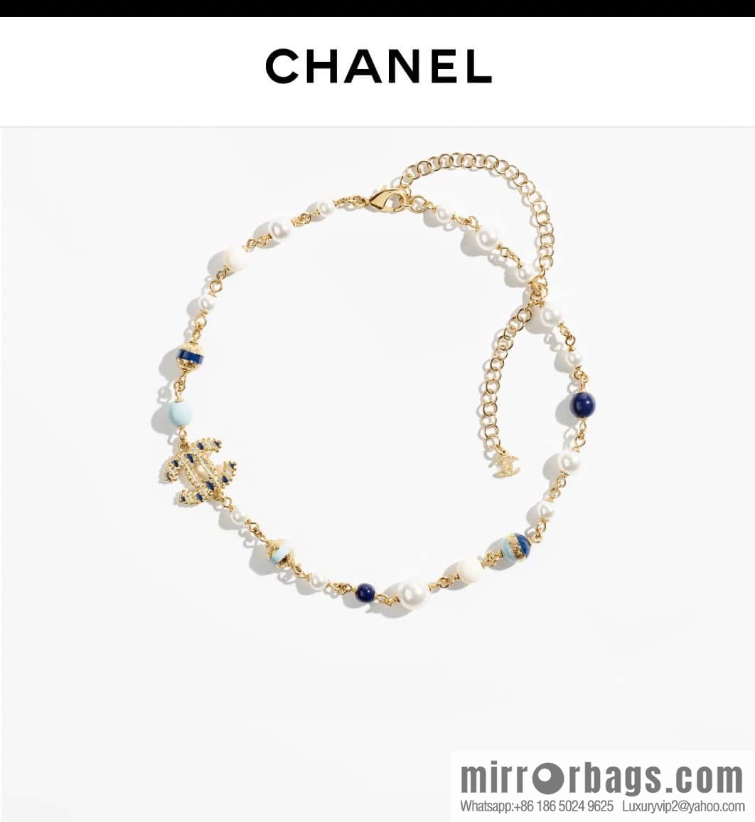 ❗️New ❗️☀️ New ☑️ Chanel Double C Vertical Bar Oil Drop Blue Pink Pearl Necklace ☀️