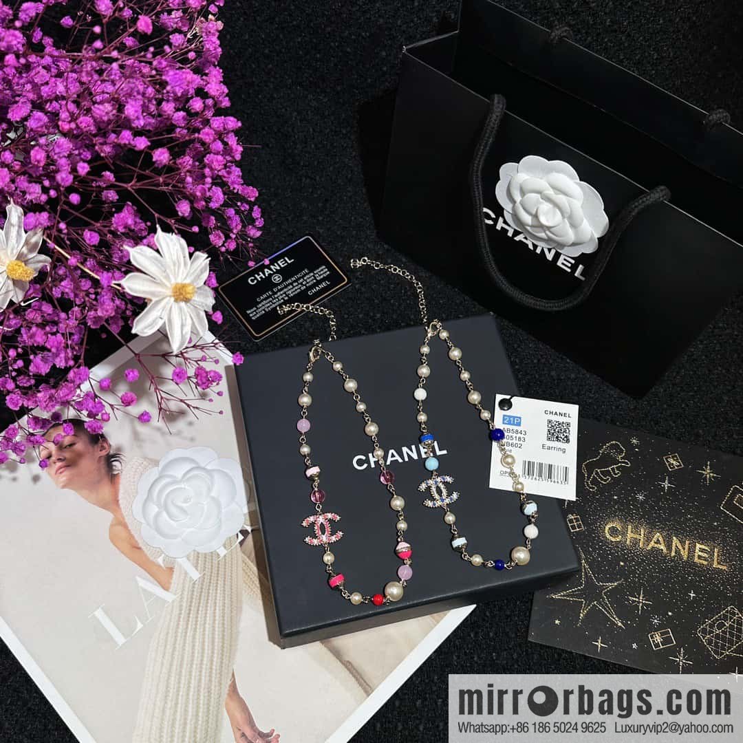 ❗️New ❗️☀️ New ☑️ Chanel Double C Vertical Bar Oil Drop Blue Pink Pearl Necklace ☀️