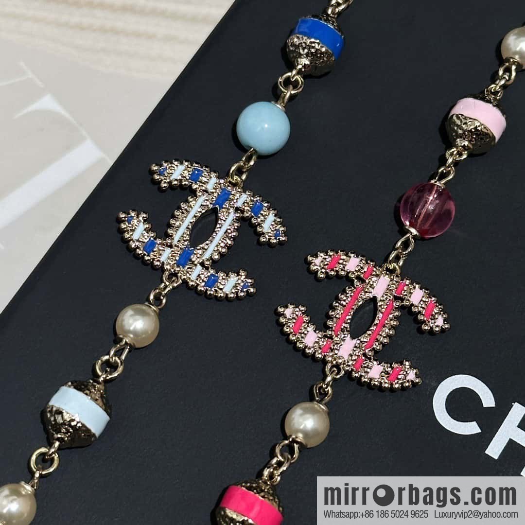 ❗️New ❗️☀️ New ☑️ Chanel Double C Vertical Bar Oil Drop Blue Pink Pearl Necklace ☀️