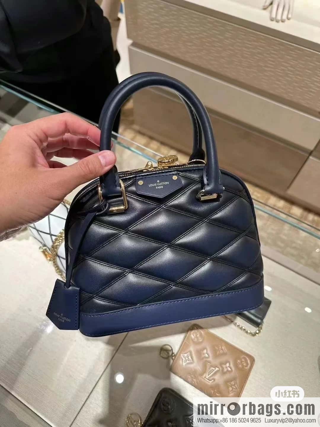 [Premium‑quality] M23666 dark blue rhombus, full leather shell bag series Alma BB shell handbag