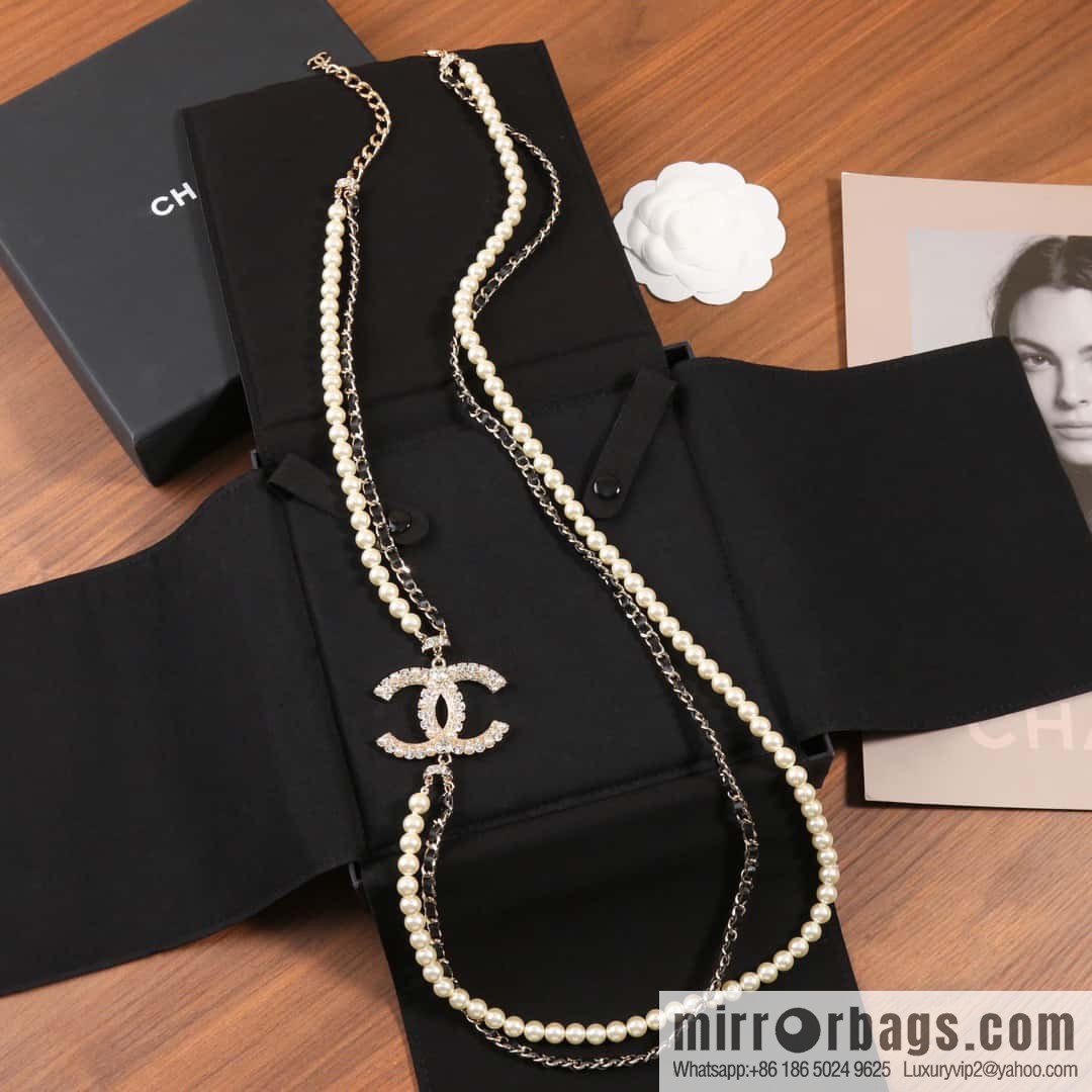 ☀️New ☑️ Chanel Double C Pearl Black Leather Rope Double Sweater Chain Necklace ☀️