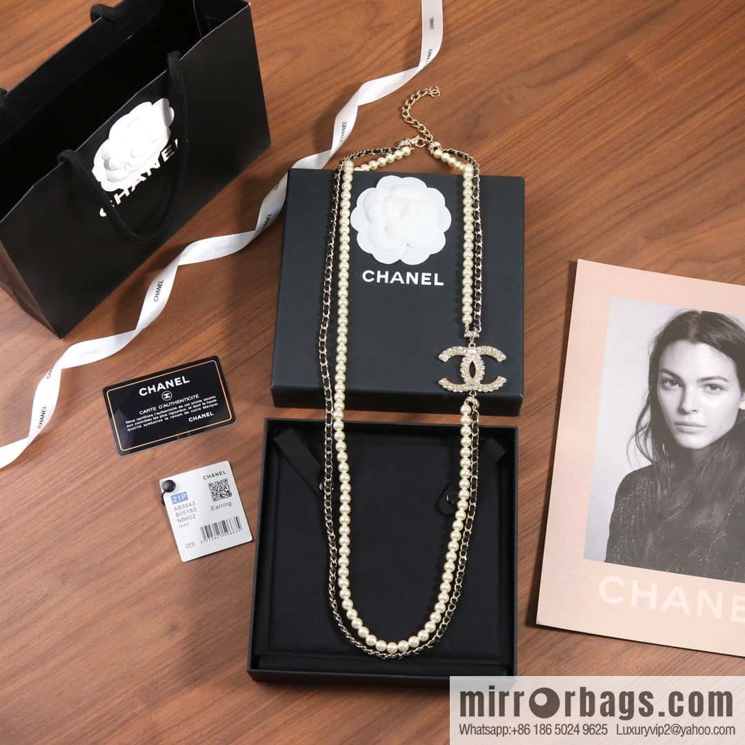☀️New ☑️ Chanel Double C Pearl Black Leather Rope Double Sweater Chain Necklace ☀️