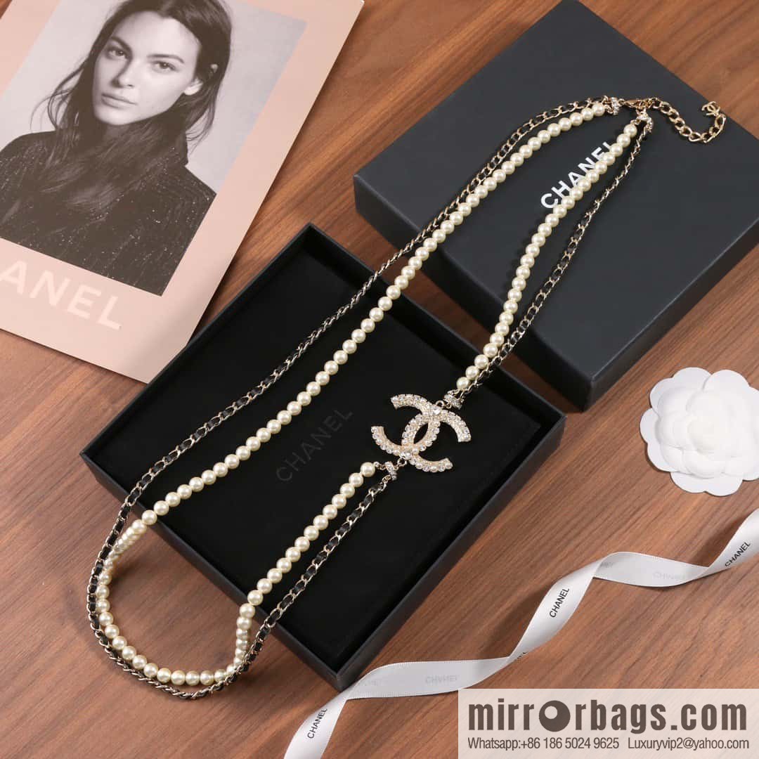 ☀️New ☑️ Chanel Double C Pearl Black Leather Rope Double Sweater Chain Necklace ☀️