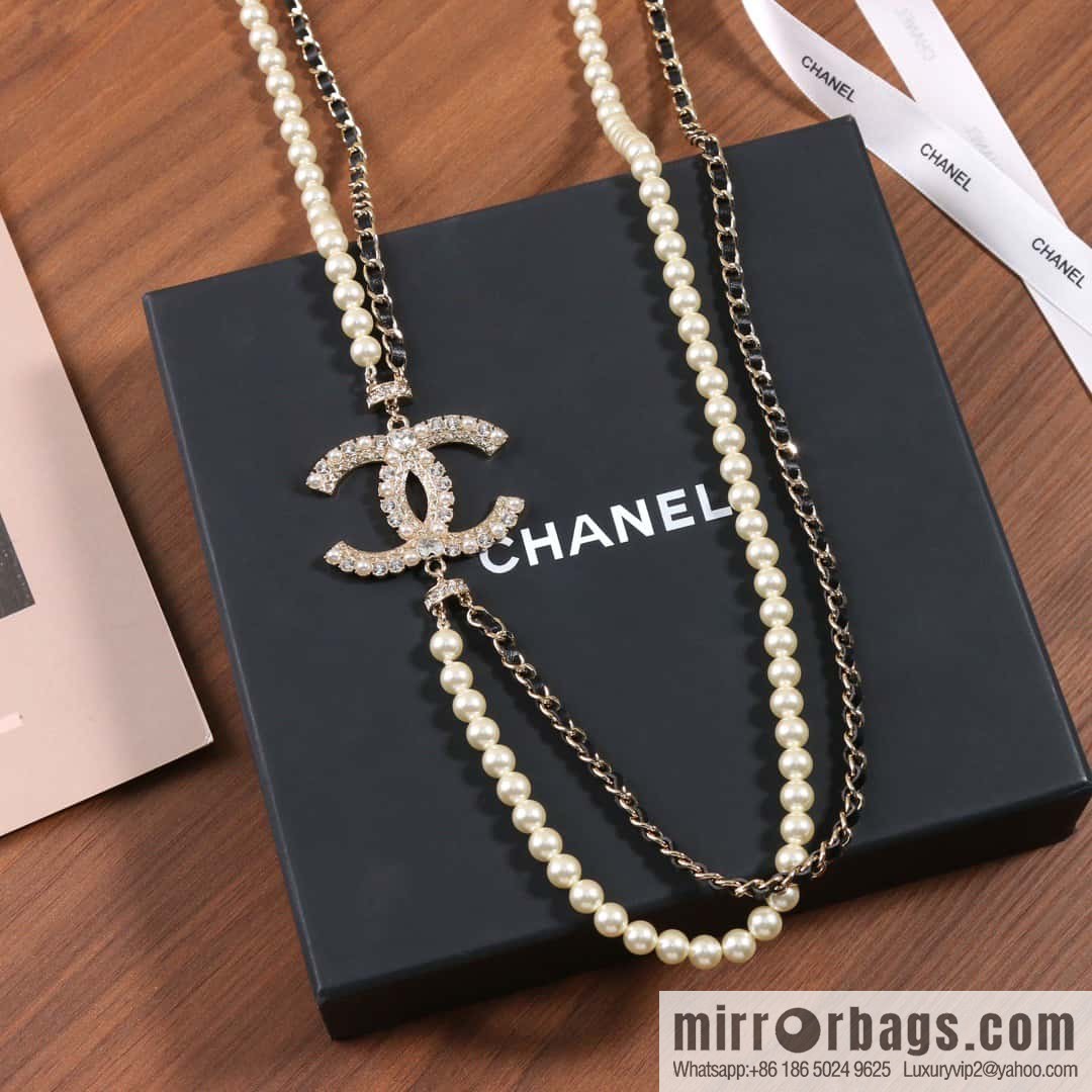 ☀️New ☑️ Chanel Double C Pearl Black Leather Rope Double Sweater Chain Necklace ☀️