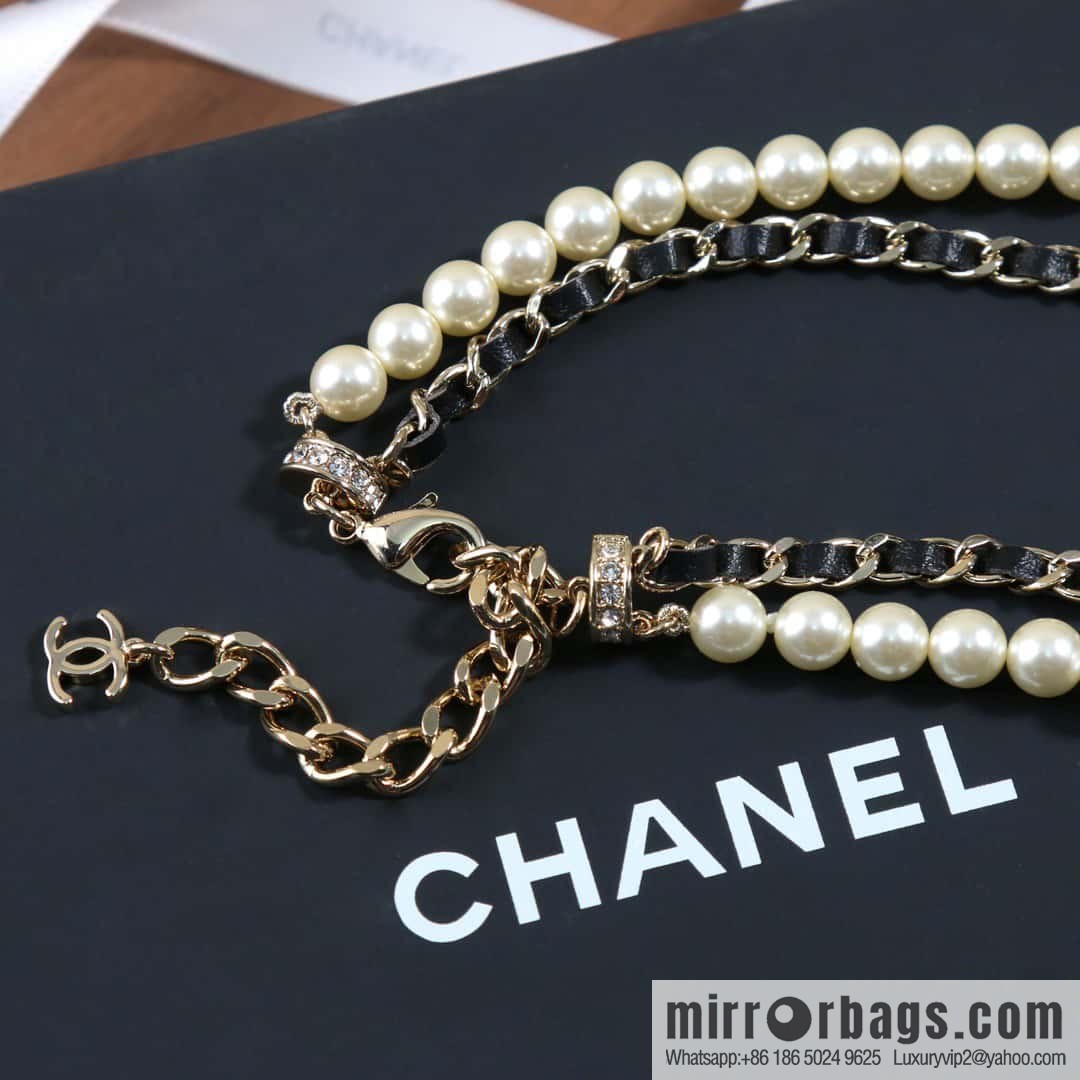 ☀️New ☑️ Chanel Double C Pearl Black Leather Rope Double Sweater Chain Necklace ☀️