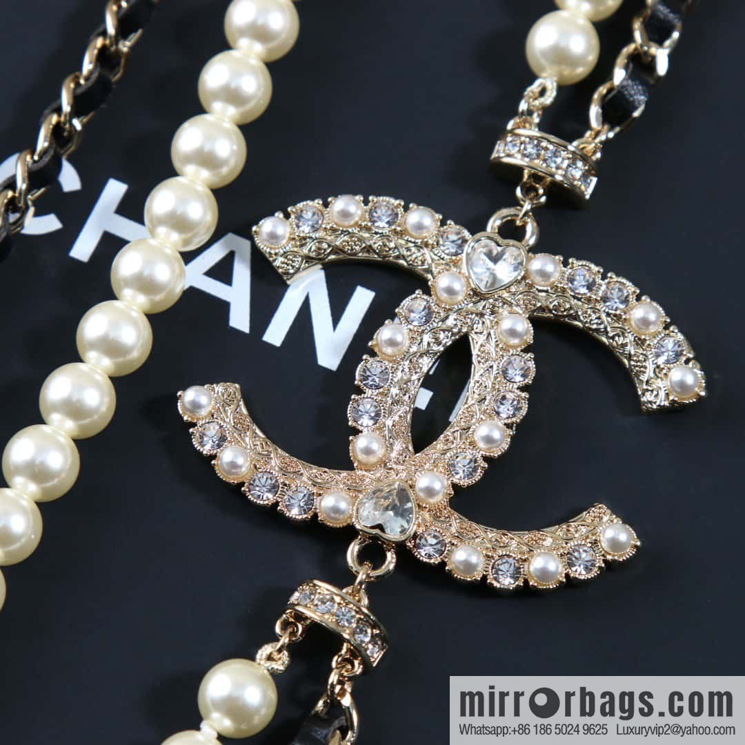☀️New ☑️ Chanel Double C Pearl Black Leather Rope Double Sweater Chain Necklace ☀️