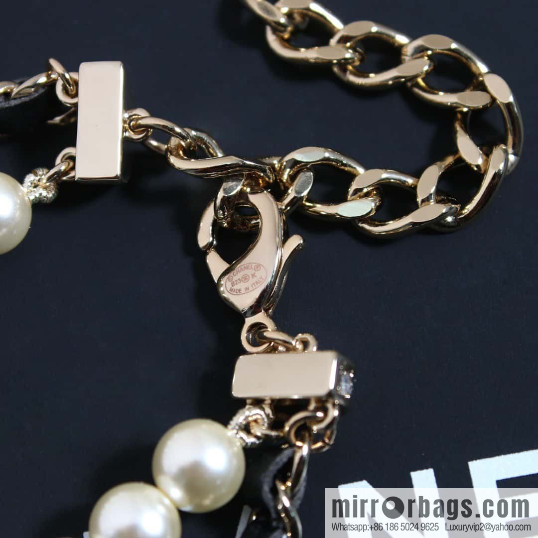 ☀️New ☑️ Chanel Double C Pearl Black Leather Rope Double Sweater Chain Necklace ☀️