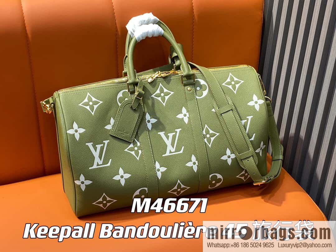 [Boutique‑grade] M46671 grass green, full leather embossed silk screen printing travel bag series Keepall Bandoulière 45 travel bag M46670 M46671