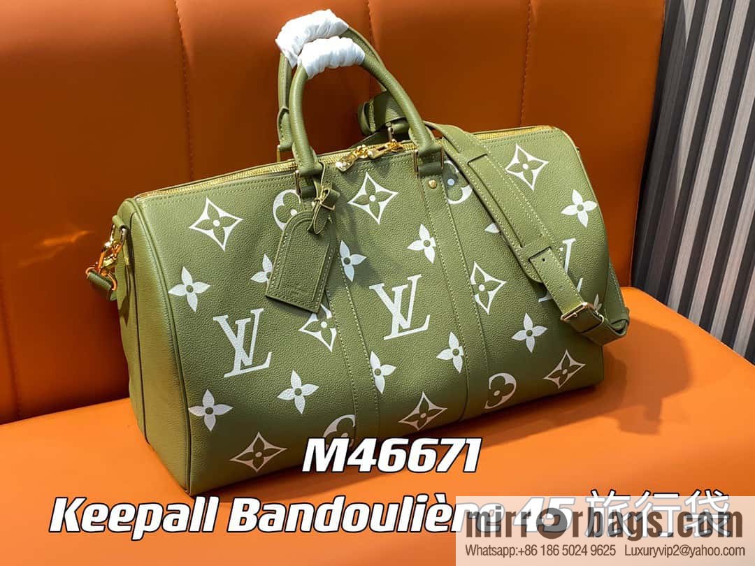 [Boutique‑grade] M46671 grass green, full leather embossed silk screen printing travel bag series Keepall Bandoulière 45 travel bag M46670 M46671