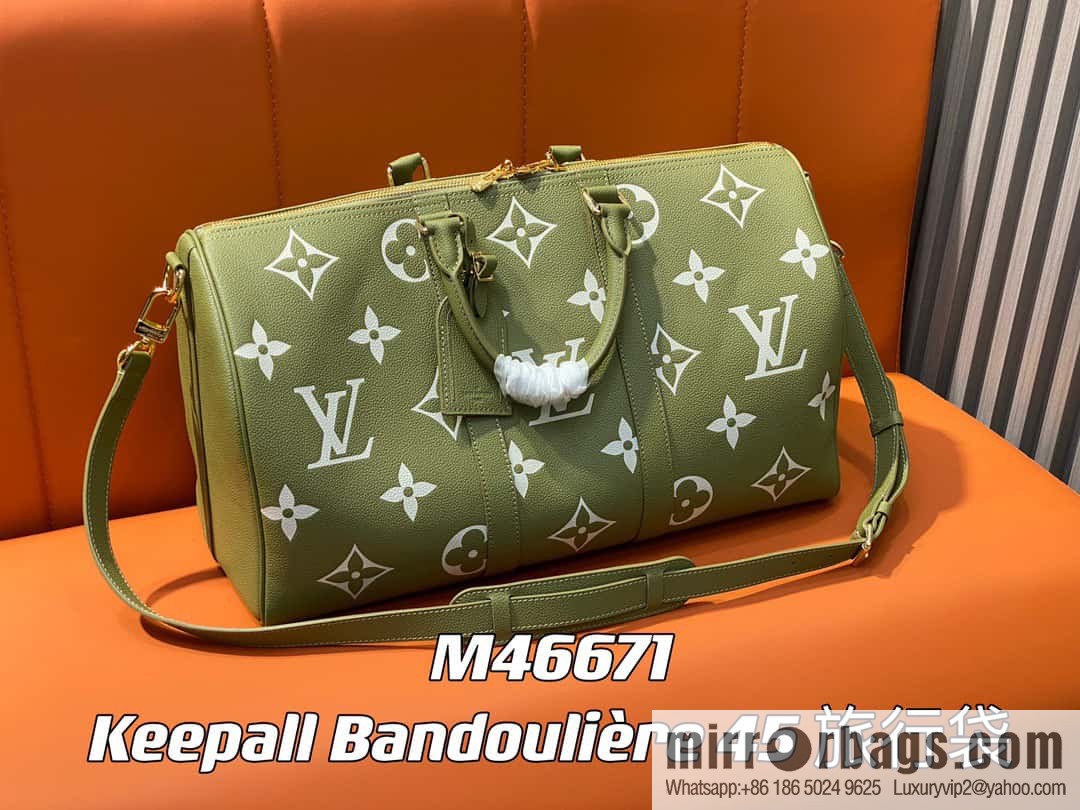 [Boutique‑grade] M46671 grass green, full leather embossed silk screen printing travel bag series Keepall Bandoulière 45 travel bag M46670 M46671