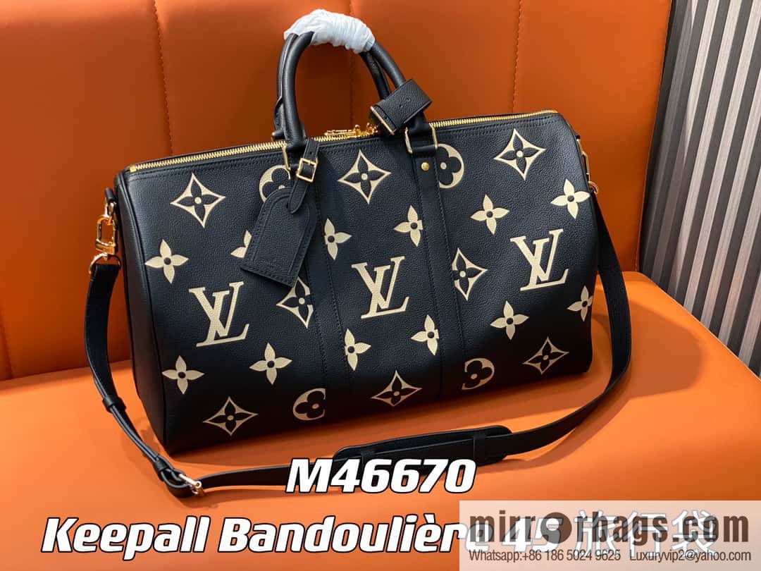 [Premium‑quality] M46670 black full leather embossed silk screen printing travel bag series Keepall Bandoulière 45 travel bag M46670 M46671