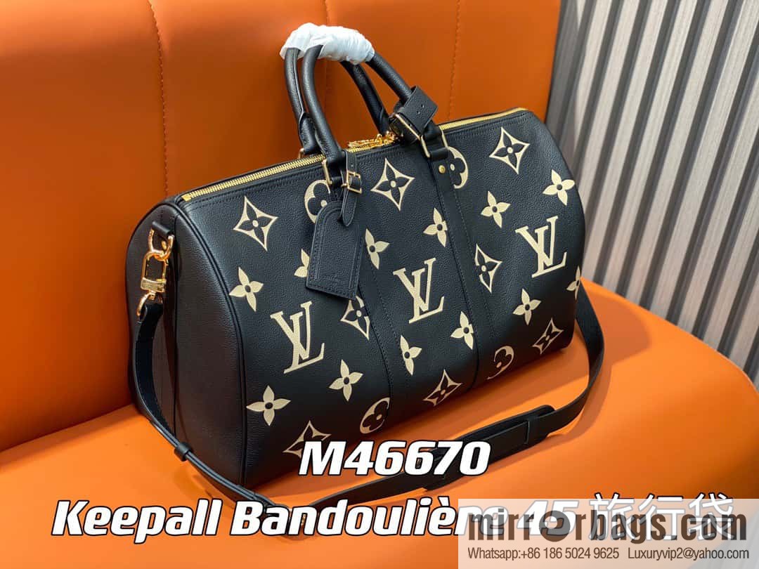 [Premium‑quality] M46670 black full leather embossed silk screen printing travel bag series Keepall Bandoulière 45 travel bag M46670 M46671