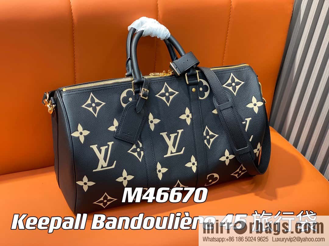 [Premium‑quality] M46670 black full leather embossed silk screen printing travel bag series Keepall Bandoulière 45 travel bag M46670 M46671
