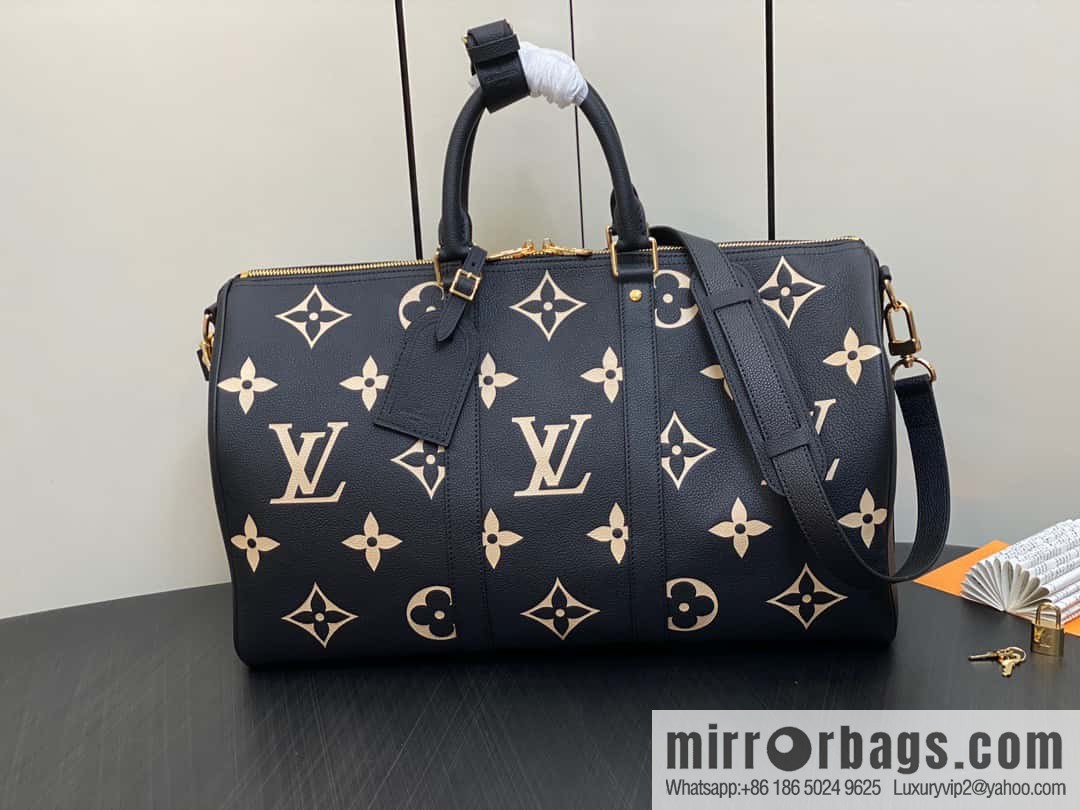 [Premium‑quality] M46670 black full leather embossed silk screen printing travel bag series Keepall Bandoulière 45 travel bag M46670 M46671