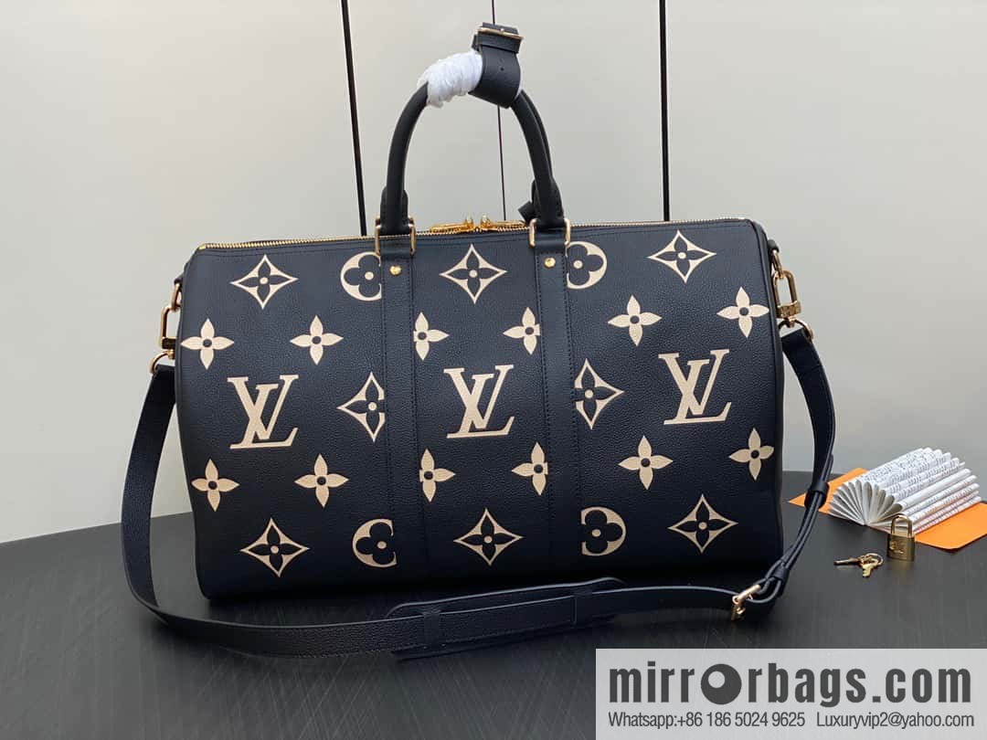 [Premium‑quality] M46670 black full leather embossed silk screen printing travel bag series Keepall Bandoulière 45 travel bag M46670 M46671