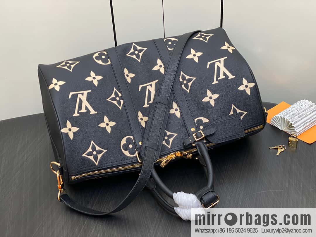 [Premium‑quality] M46670 black full leather embossed silk screen printing travel bag series Keepall Bandoulière 45 travel bag M46670 M46671
