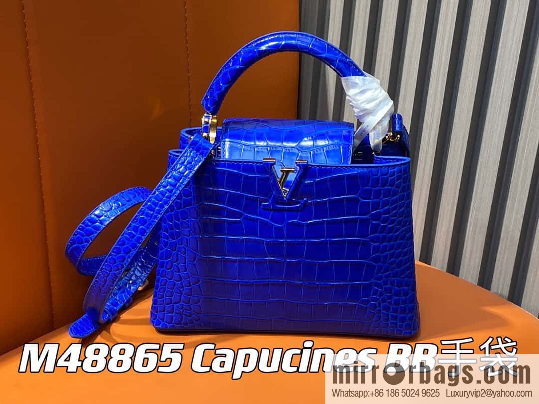 [Boutique‑grade] M48865 blue, crocodile pattern full leather cap that English series Capucines BB handbag