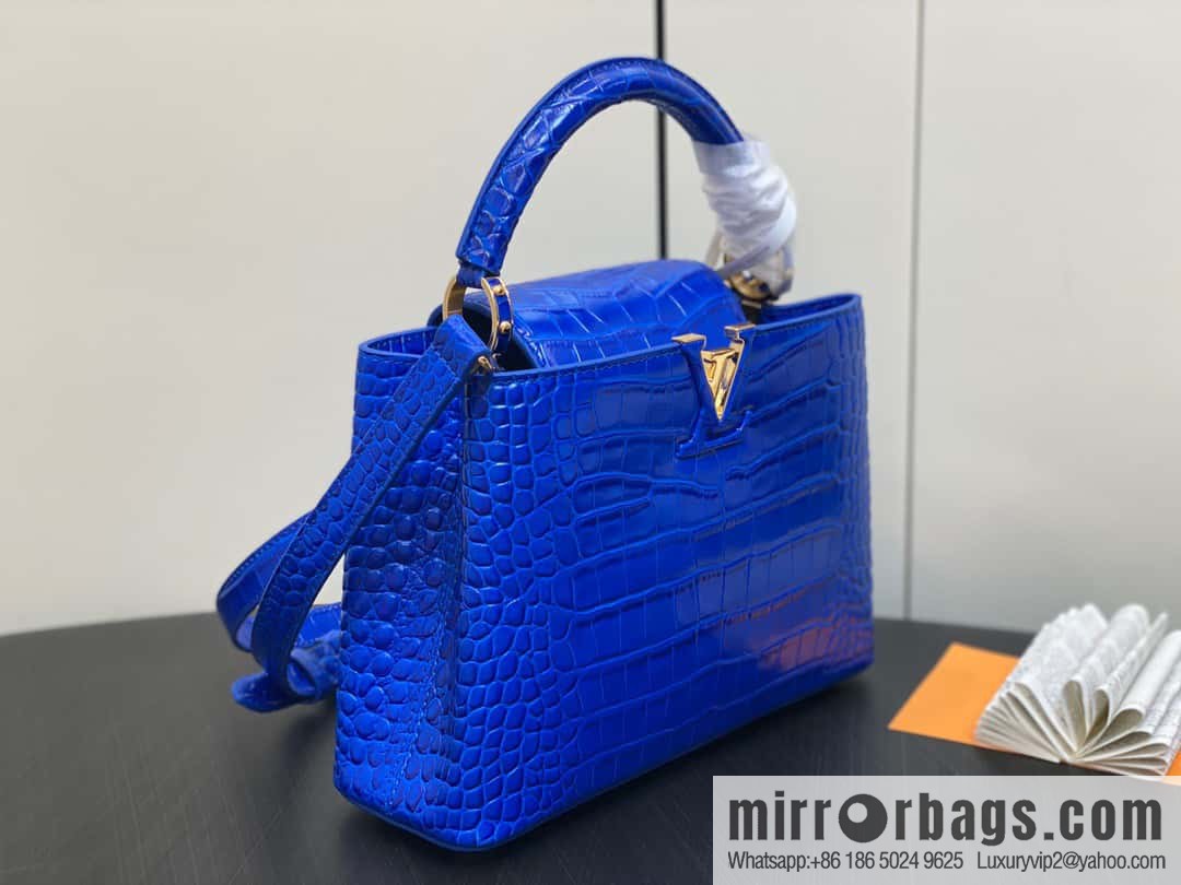 [Boutique‑grade] M48865 blue, crocodile pattern full leather cap that English series Capucines mini handbag