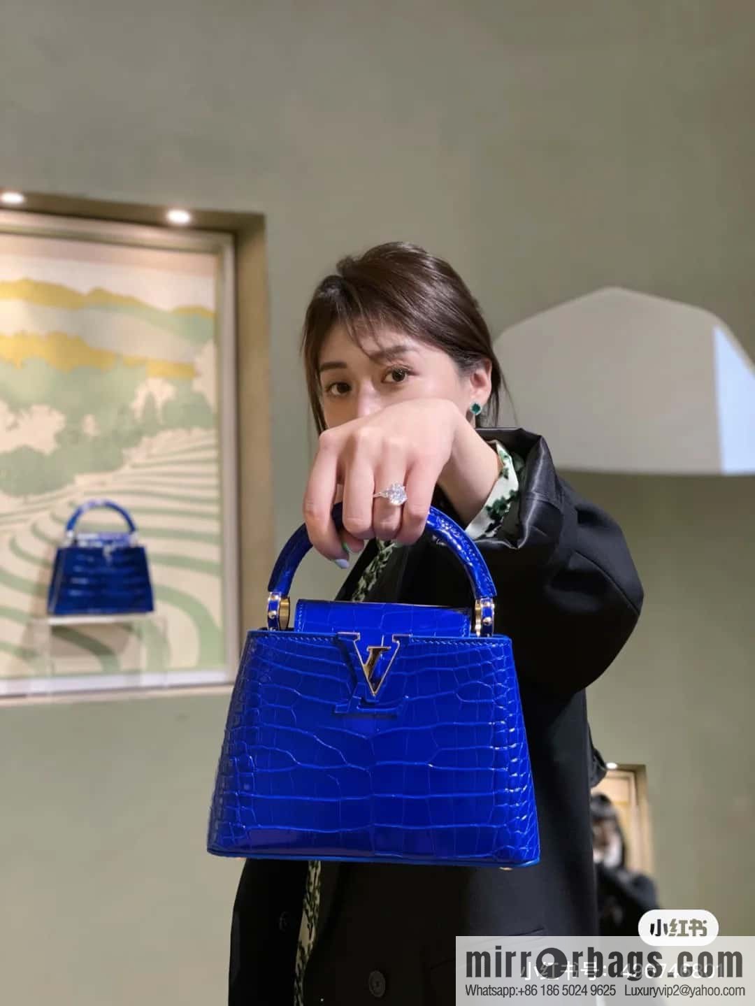 [Boutique‑grade] M48865 blue, crocodile pattern full leather cap that English series Capucines mini handbag