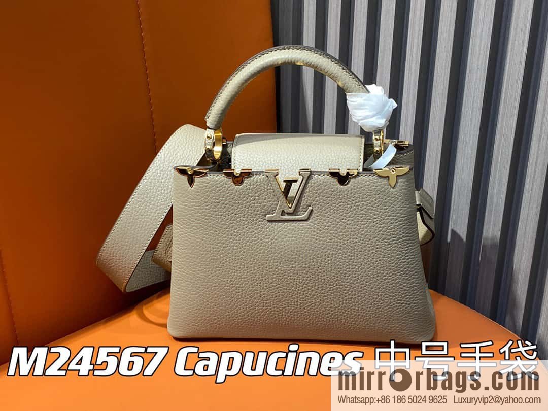 [Boutique‑grade] M24567 khaki flower crown, full leather cap, that English series Capucines medium handbag