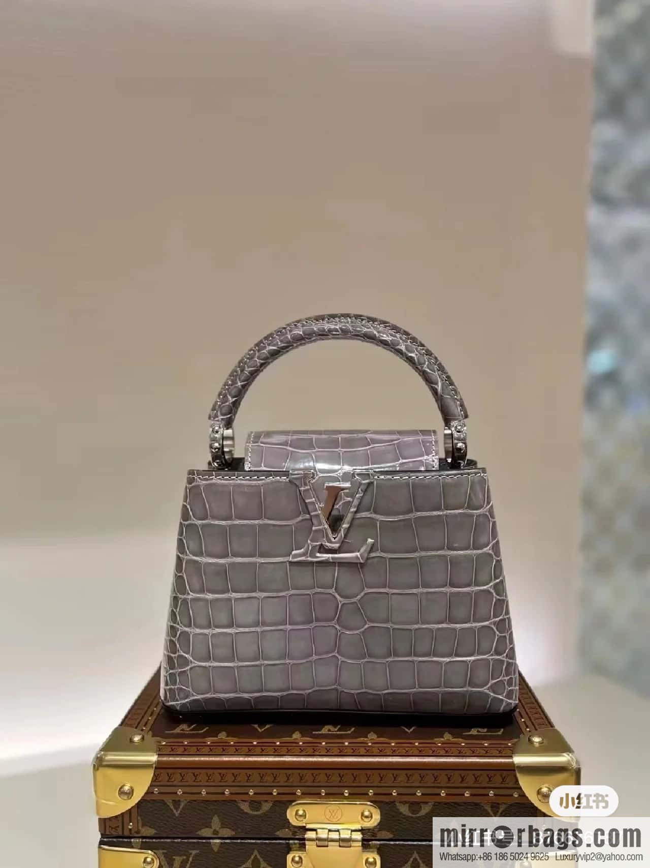 [Boutique‑grade] M48865 gray, crocodile pattern full leather cap that English series Capucines mini handbag