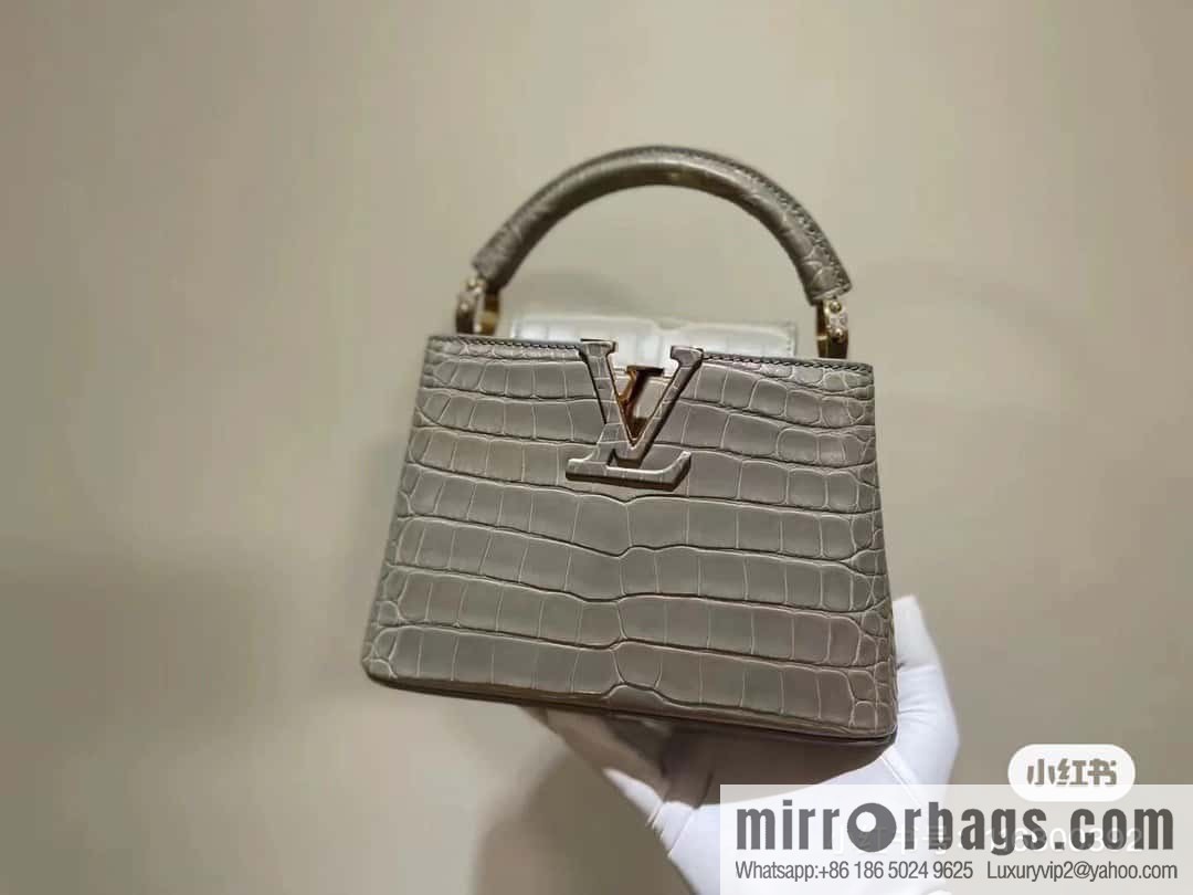 [Boutique‑grade] M48865 gray, crocodile pattern full leather cap that English series Capucines mini handbag