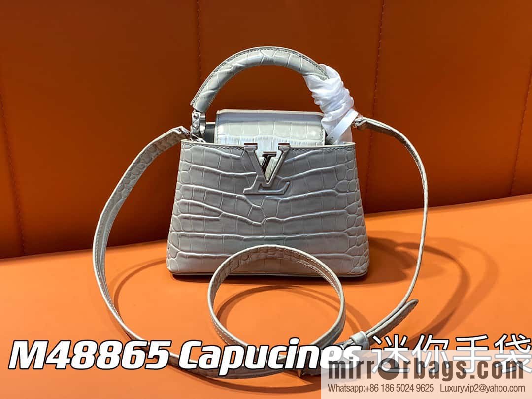 [Boutique‑grade] M48865 gray, crocodile pattern full leather cap that English series Capucines mini handbag