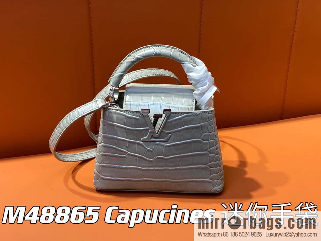 [Boutique‑grade] M48865 gray, crocodile pattern full leather cap that English series Capucines mini handbag