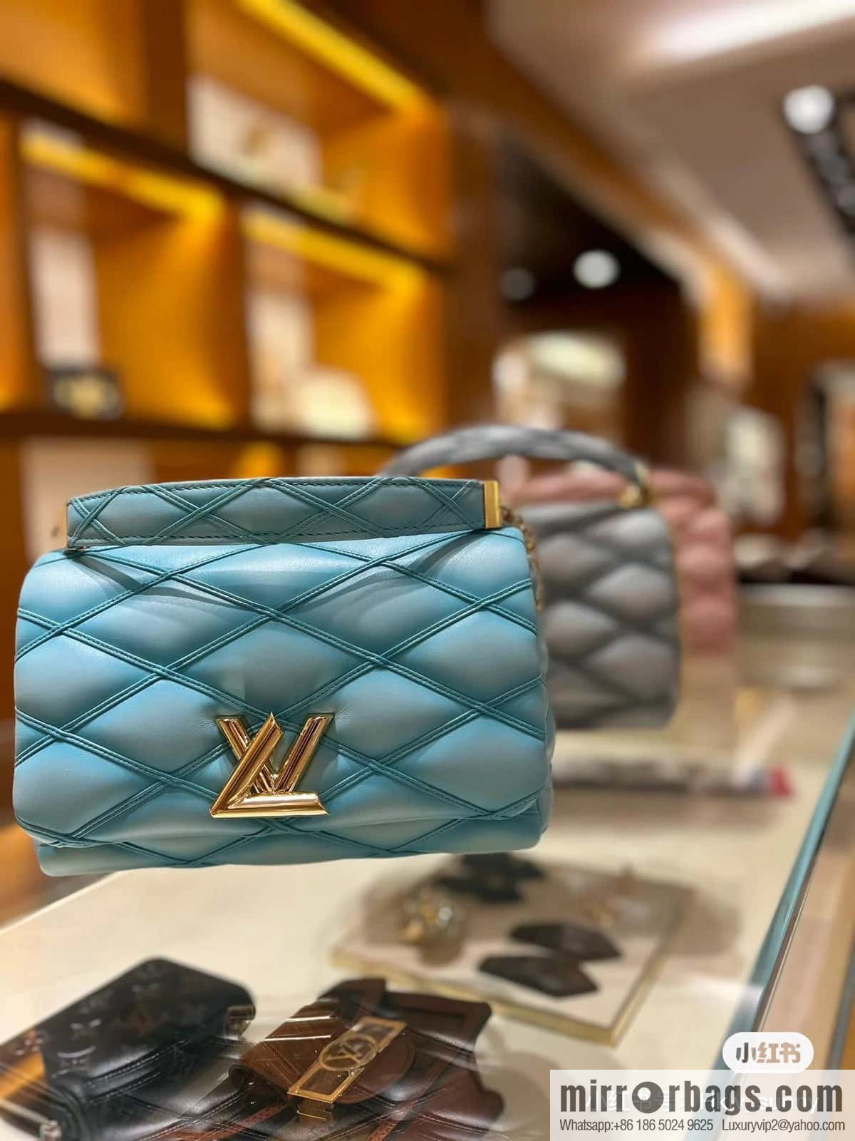 [Boutique‑grade] M22891 water blue, full leather rhombus chain bag series GO-14 Teist medium handbag M22890 GO-14 medium handbag